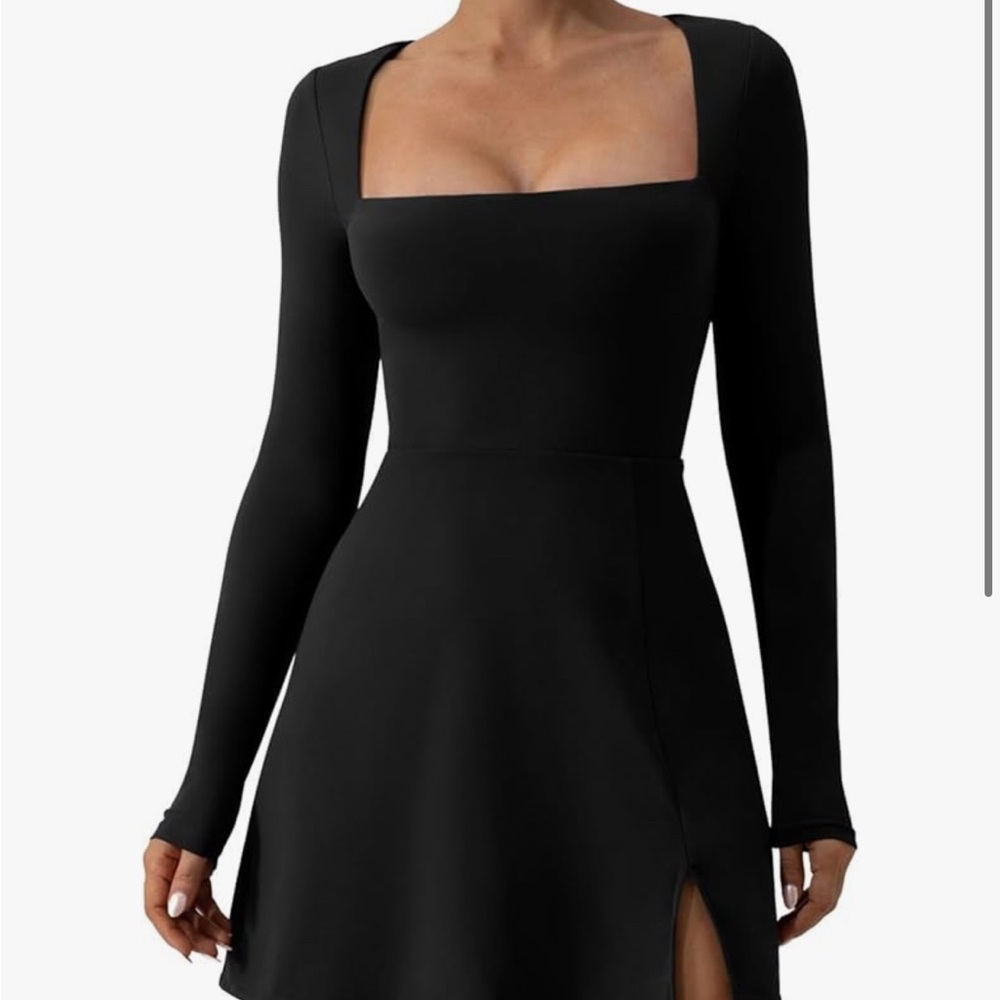 Black Ribbed Long Sleeve Cocktail Dress with Square Neckline